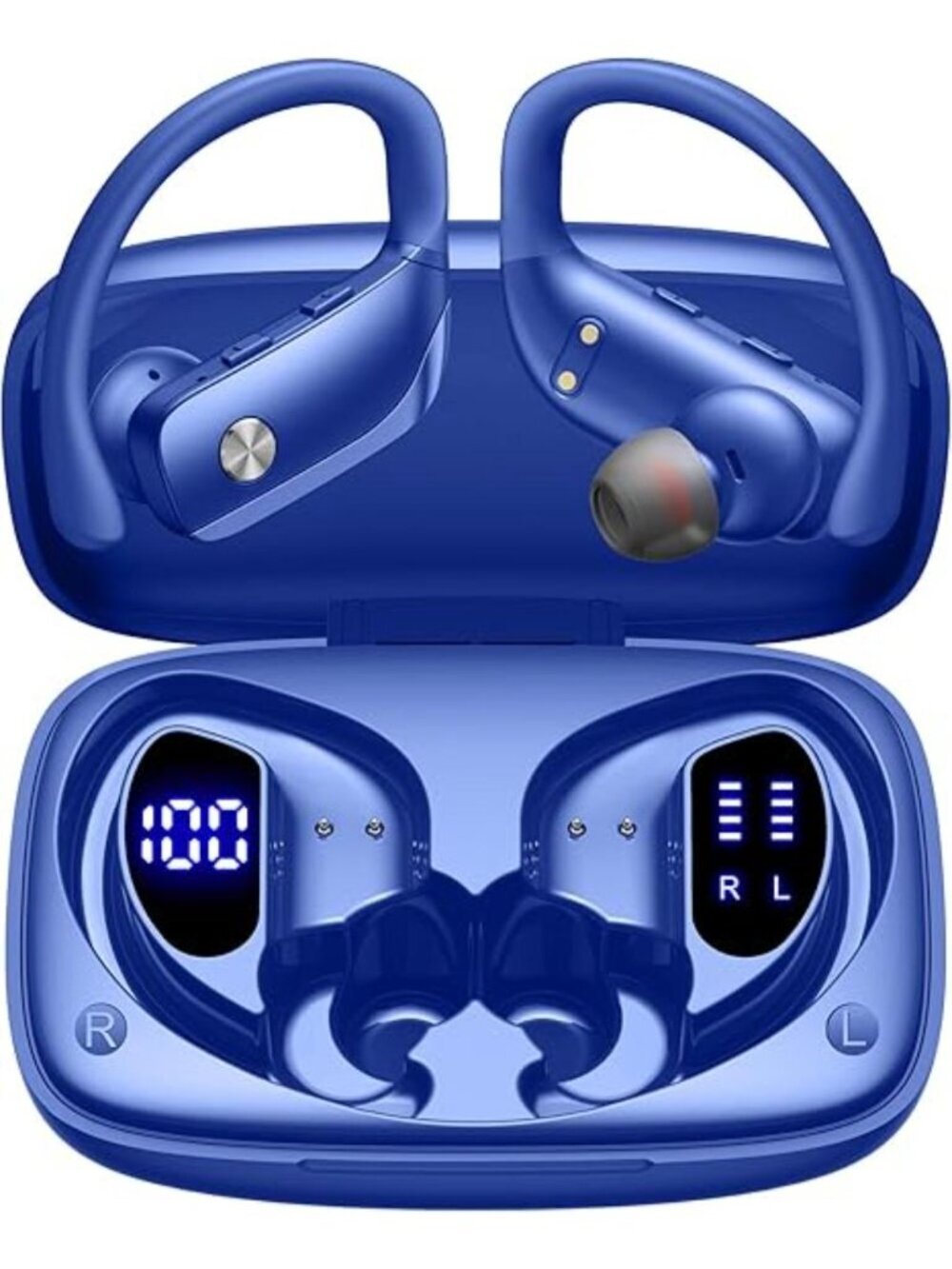 Blue Wireless Earbuds Bluetooth LED Display Ear-hooks Built-in Mic Headset